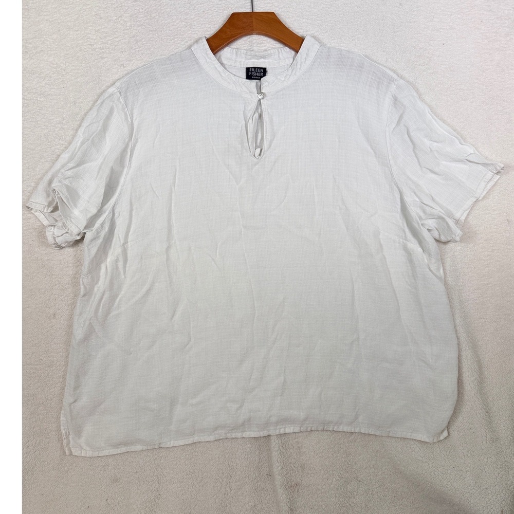 Eileen Fisher White Linen Blend Keyhole Mandarin Collar‎ Blouse Short Sleeve